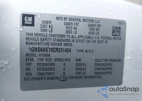 2012 Chevrolet Suburban 1500 Ltz z USA, uszkodzony, nr VIN 1GNSKKE78CR201494